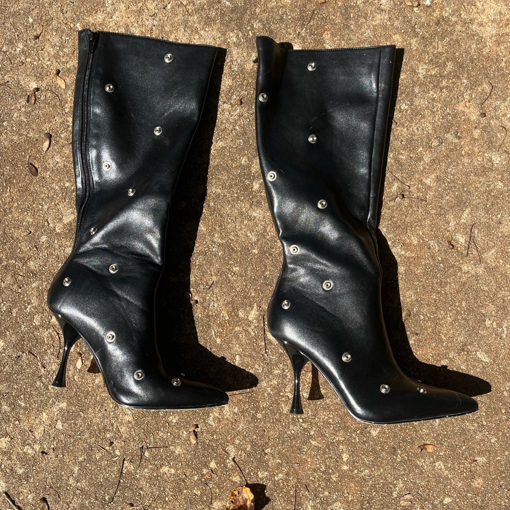 Black Studded Knee-High Boots - like new. 7